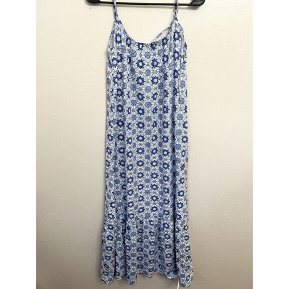 Loft Tiled Strappy Flounce Maxi Dress Linen Boho Blue Women's Medium Tiered - Picture 3 of 8